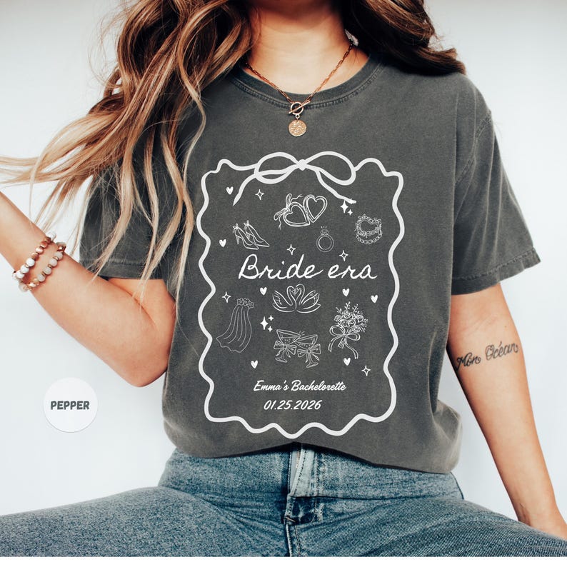 Custom Bride Era T-shirt,Personalized Bachelorette Party Tee,Coquette Bow Bridal Shower Gift, and Drawn Wedding Doodles Shirt,Future Mrs Top