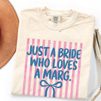 Just A Bride Who Loves A Marg Striped Tee, Bride Margarita Shirt with Coquette Bow, Bachelorette Party Tshirt, Funny Bridal Shower Gift