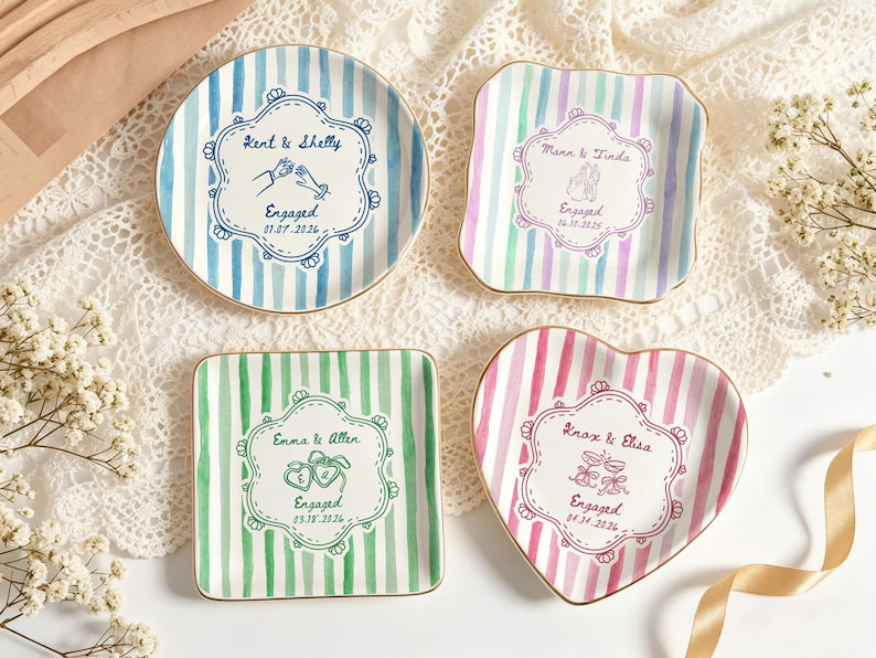 Personalized Wedding Ring Dish, Colorful Stripe Jewelry Dish for Couple, Sentimental Gift for Bride, Engagement Gift, Anniversary