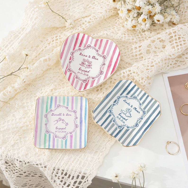 Personalized Wedding Ring Dish, Colorful Stripe Jewelry Dish for Couple, Sentimental Gift for Bride, Engagement Gift, Anniversary