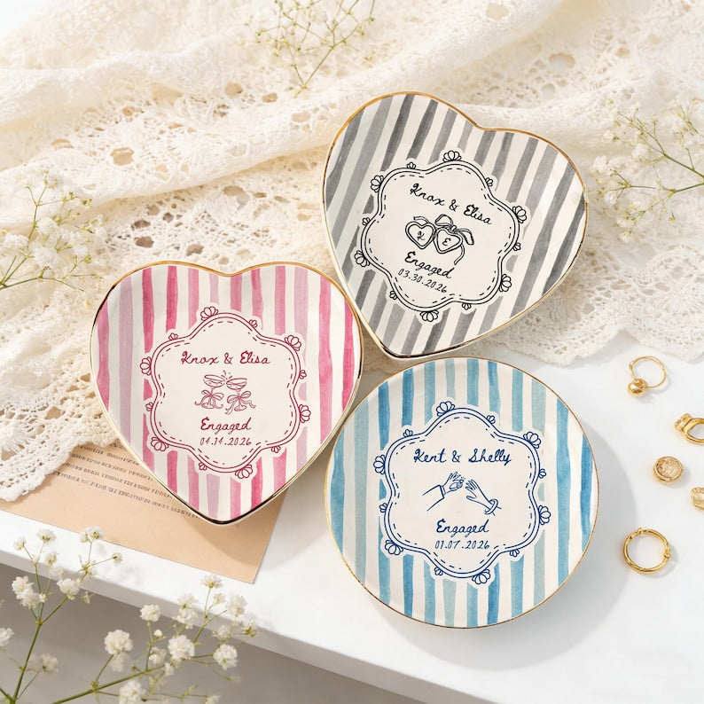 Personalized Wedding Ring Dish, Colorful Stripe Jewelry Dish for Couple, Sentimental Gift for Bride, Engagement Gift, Anniversary