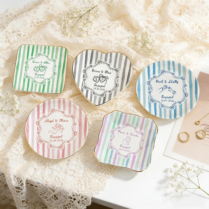 Personalized Wedding Ring Dish, Colorful Stripe Jewelry Dish for Couple, Sentimental Gift for Bride, Engagement Gift, Anniversary