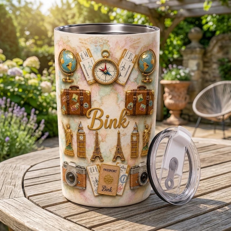 Personalized Travel Tumbler, Custom Adventure Cup, Vacation Lover Gift, Travel Theme Stainless Steel Tumbler