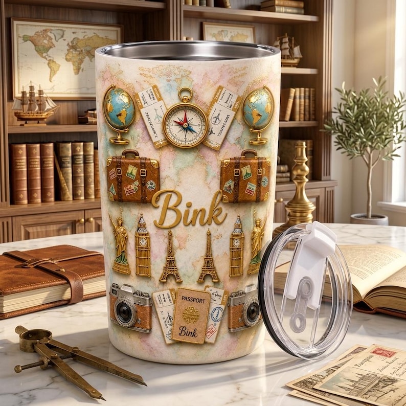 Personalized Travel Tumbler, Custom Adventure Cup, Vacation Lover Gift, Travel Theme Stainless Steel Tumbler