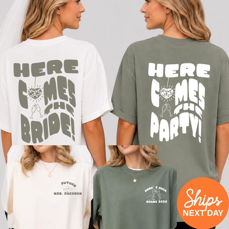 Custom Here Comes The Bride Bachelorette Shirts, Retro Miami Disco Ball Graphic Tee, Bride Squad