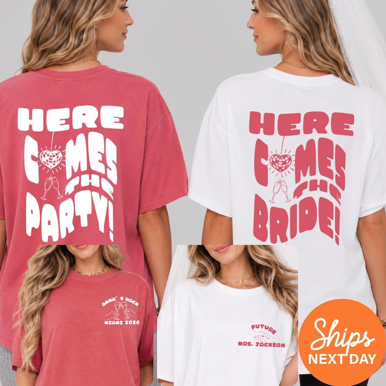 Custom Here Comes The Bride Bachelorette Shirts, Retro Miami Disco Ball Graphic Tee, Bride Squad
