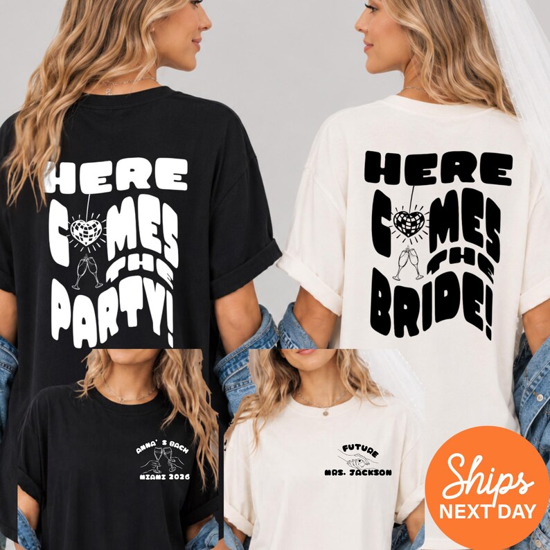 Custom Here Comes The Bride Bachelorette Shirts, Retro Miami Disco Ball Graphic Tee, Bride Squad