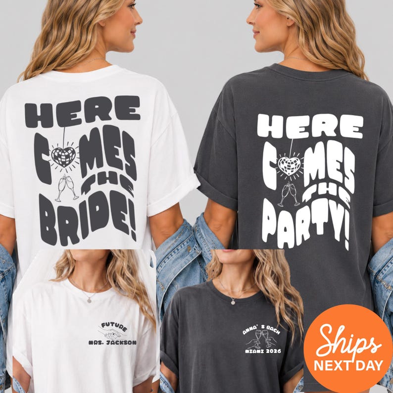 Custom Here Comes The Bride Bachelorette Shirts, Retro Miami Disco Ball Graphic Tee, Bride Squad