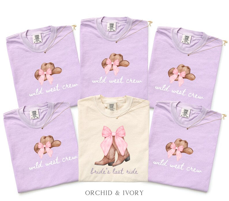 Bachelorette Shirt Bride’s Last Ride, Wild West Crew Tee, Comfort Colors® Western Cowgirl Boots Pink Bow Nashville Bachelorette Party tShirt