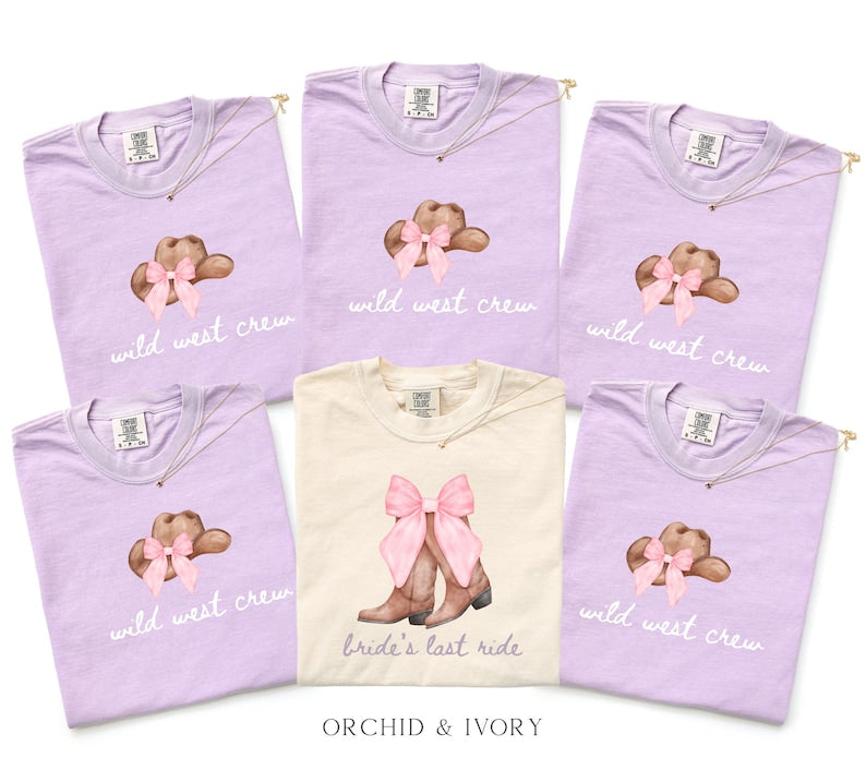 Bachelorette Shirt Bride’s Last Ride, Wild West Crew Tee, Comfort Colors® Western Cowgirl Boots Pink Bow Nashville Bachelorette Party tShirt