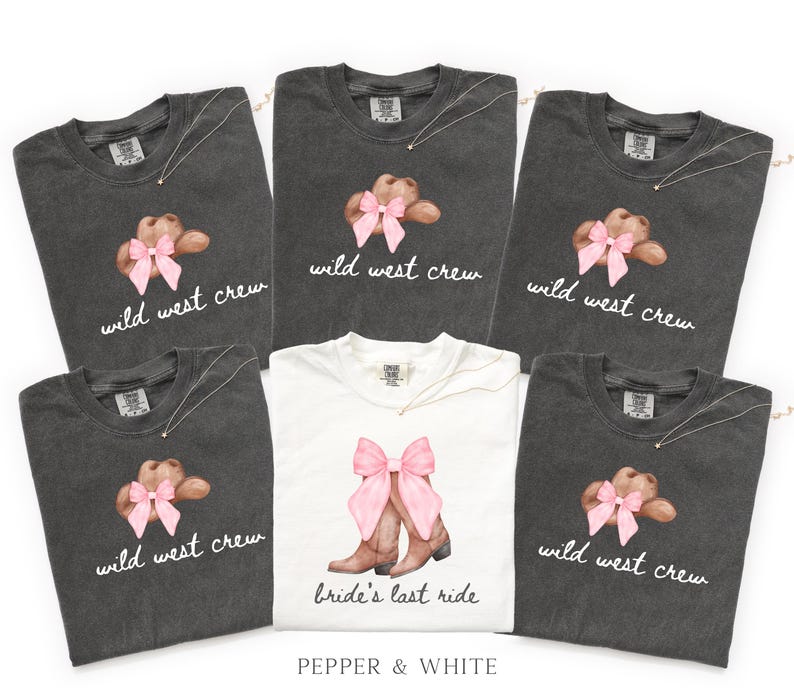 Bachelorette Shirt Bride’s Last Ride, Wild West Crew Tee, Comfort Colors® Western Cowgirl Boots Pink Bow Nashville Bachelorette Party tShirt