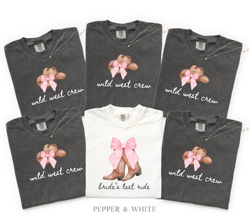 Bachelorette Shirt Bride’s Last Ride, Wild West Crew Tee, Comfort Colors® Western Cowgirl Boots Pink Bow Nashville Bachelorette Party tShirt