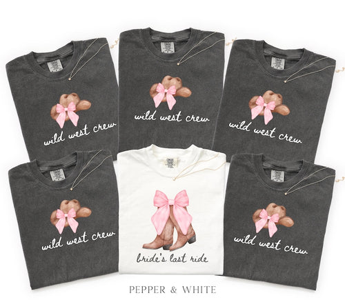 Bachelorette Shirt Bride’s Last Ride, Wild West Crew Tee, Comfort Colors® Western Cowgirl Boots Pink Bow Nashville Bachelorette Party tShirt