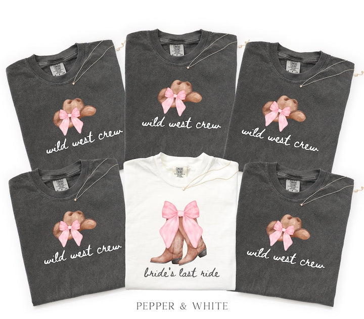 Bachelorette Shirt Bride’s Last Ride, Wild West Crew Tee, Comfort Colors® Western Cowgirl Boots Pink Bow Nashville Bachelorette Party tShirt