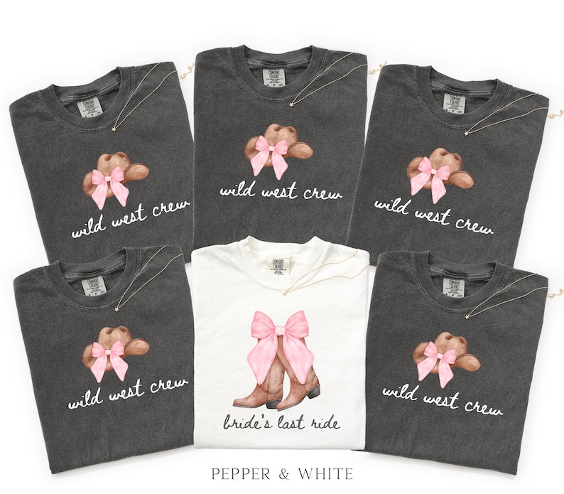 Bachelorette Shirt Bride’s Last Ride, Wild West Crew Tee, Comfort Colors® Western Cowgirl Boots Pink Bow Nashville Bachelorette Party tShirt