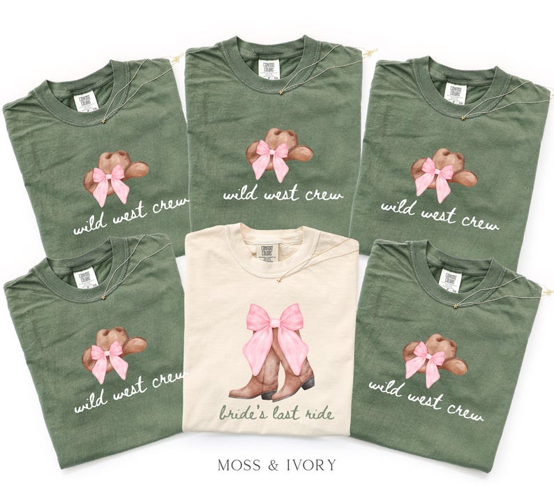 Bachelorette Shirt Bride’s Last Ride, Wild West Crew Tee, Comfort Colors® Western Cowgirl Boots Pink Bow Nashville Bachelorette Party tShirt