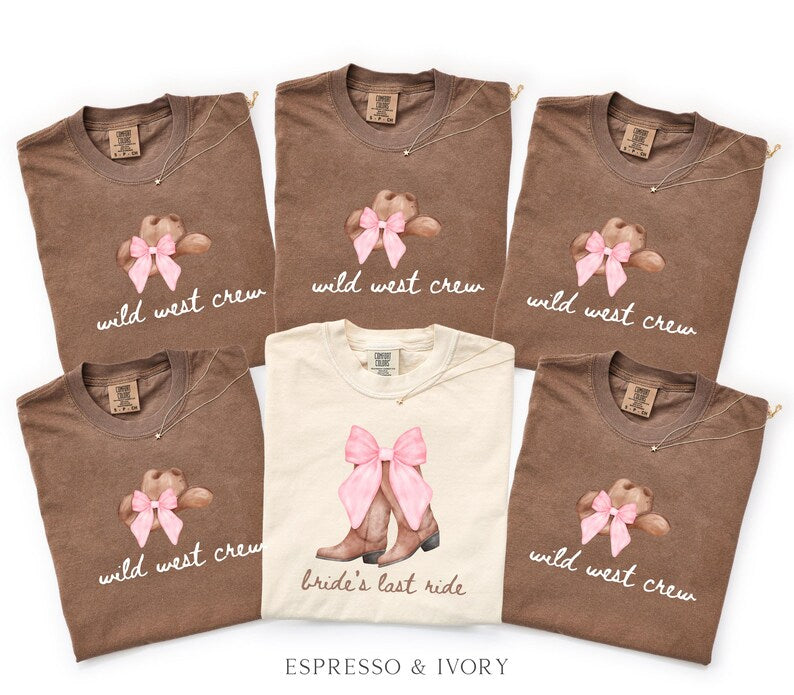 Bachelorette Shirt Bride’s Last Ride, Wild West Crew Tee, Comfort Colors® Western Cowgirl Boots Pink Bow Nashville Bachelorette Party tShirt