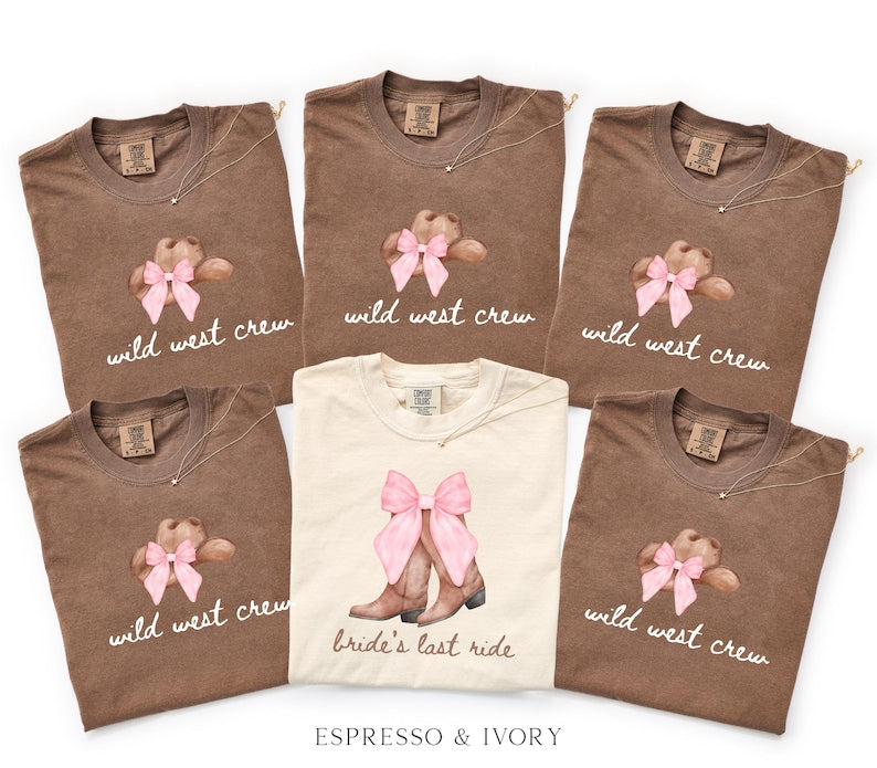 Bachelorette Shirt Bride’s Last Ride, Wild West Crew Tee, Comfort Colors® Western Cowgirl Boots Pink Bow Nashville Bachelorette Party tShirt