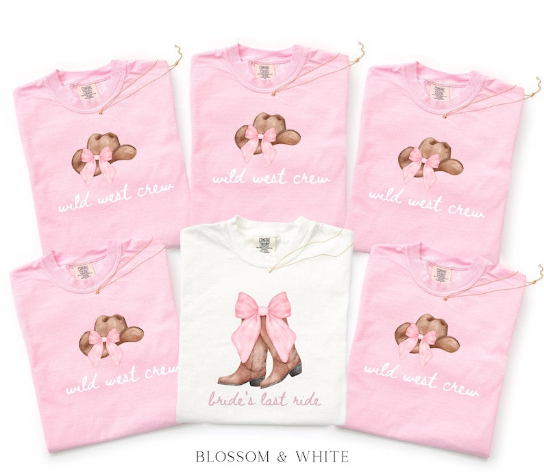 Bachelorette Shirt Bride’s Last Ride, Wild West Crew Tee, Comfort Colors® Western Cowgirl Boots Pink Bow Nashville Bachelorette Party tShirt