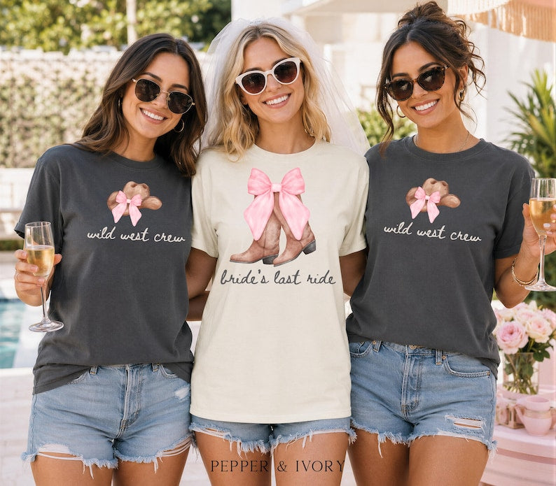 Bachelorette Shirt Bride’s Last Ride, Wild West Crew Tee, Comfort Colors® Western Cowgirl Boots Pink Bow Nashville Bachelorette Party tShirt