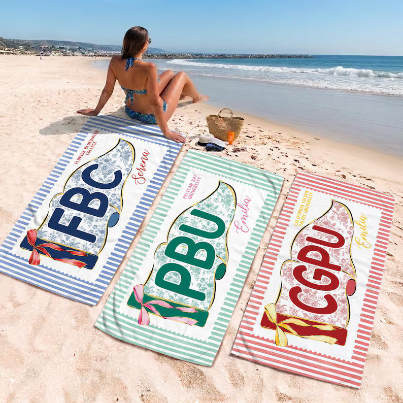 Personalized School Spirit Beach Towel: Coquette College Pennant Flag Towel, Grandmillennial Striped Towel, Sorority Girls Graduation Gift