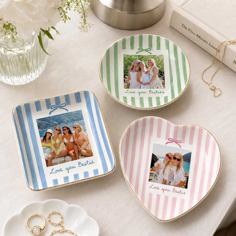 Personalized Bestie Photo Jewelry Dish, Ceramic Trinket Tray for Best Friend, Bestie Striped Ring Dish, Birthday Gifts For Bestie