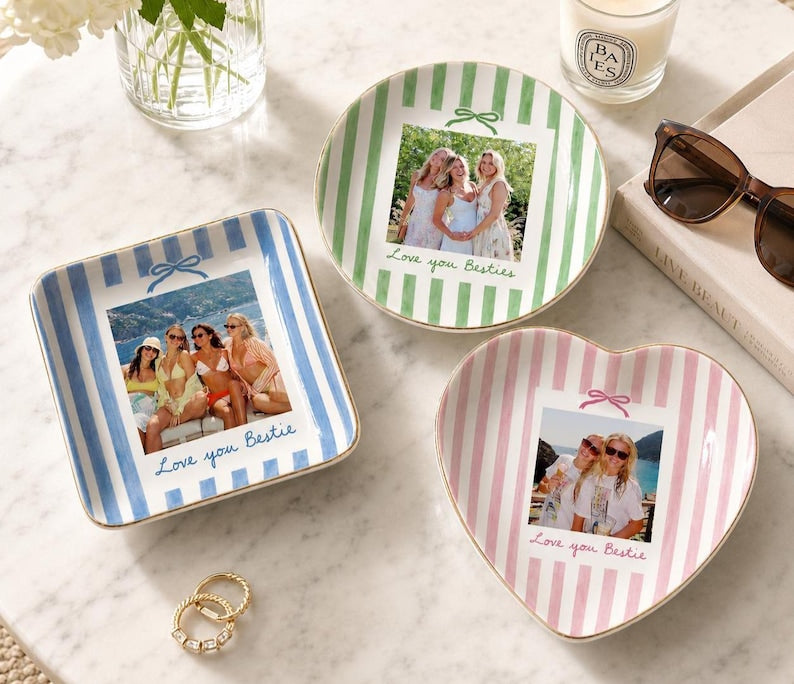 Personalized Bestie Photo Jewelry Dish, Ceramic Trinket Tray for Best Friend, Bestie Striped Ring Dish, Birthday Gifts For Bestie