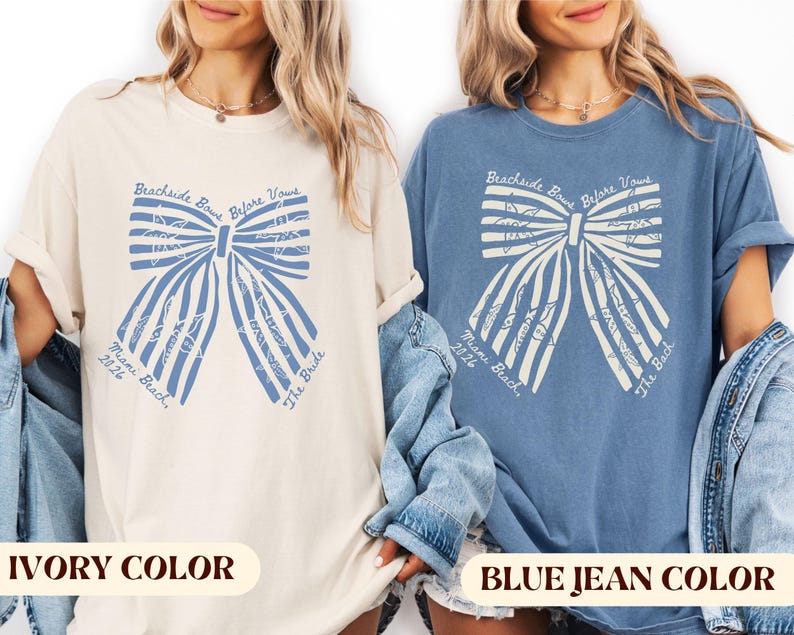Custom Coquette Beachside Bows Before Vows Shirt, Custom Bachelorette Beach Tee, Personalized Bride Trip Shirt, Comfort Colors Coastal Bach.