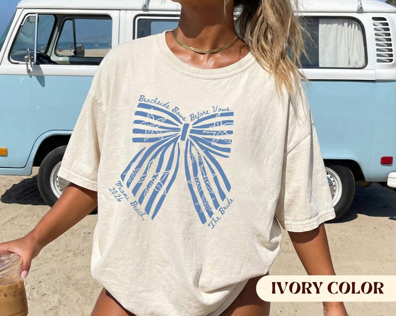 Custom Coquette Beachside Bows Before Vows Shirt, Custom Bachelorette Beach Tee, Personalized Bride Trip Shirt, Comfort Colors Coastal Bach.