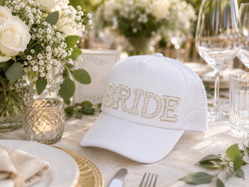 Pearl Bride Trucker Hat, Bride Baseball Cap, Bridal Shower Gift, Bride To Be Hat, Bachelorette Party Hat, Wedding Weekend Cap