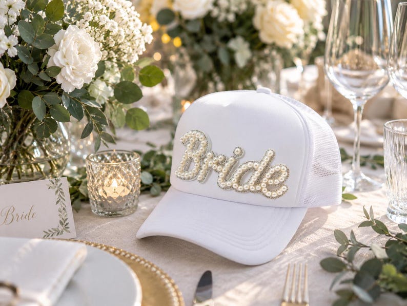 Pearl Bride Trucker Hat, Bride Baseball Cap, Bridal Shower Gift, Bride To Be Hat, Bachelorette Party Hat, Wedding Weekend Cap