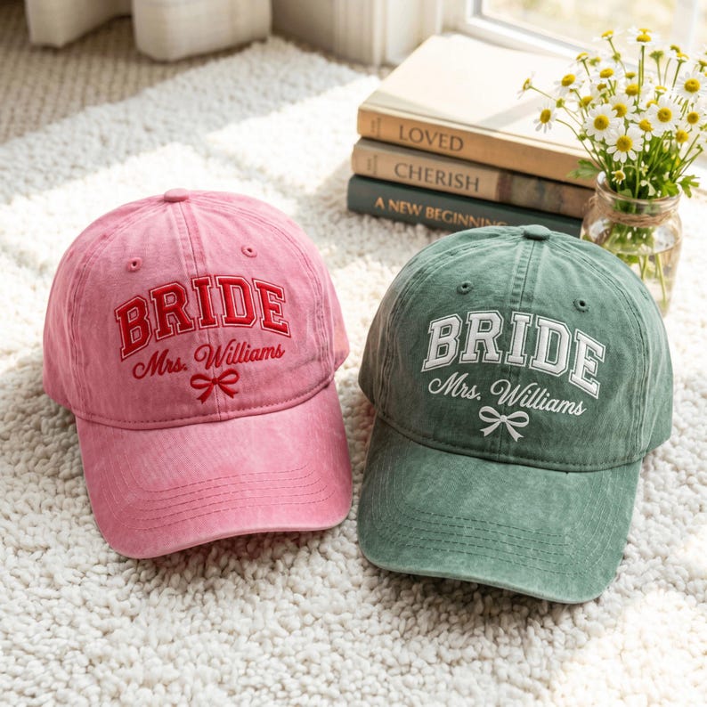 Custom Embroidered Bride Hat, Blue Toile Chinoiserie, Personalized Mrs. Name Cap