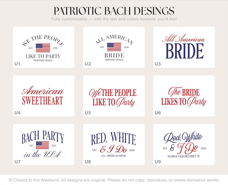 Patriotic Group Hats, USA Bachelorette Hats, 4th of July Party hats, Fourth of July Bach Hats, American Bride