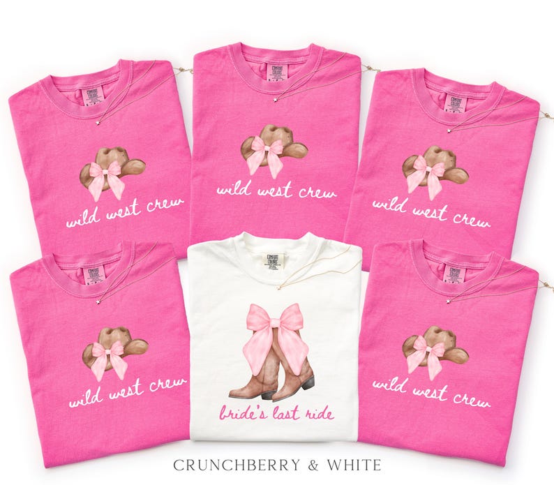 Bachelorette Shirt Bride’s Last Ride, Wild West Crew Tee, Comfort Colors® Western Cowgirl Boots Pink Bow Nashville Bachelorette Party tShirt