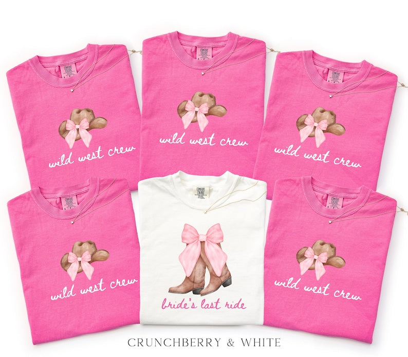 Bachelorette Shirt Bride’s Last Ride, Wild West Crew Tee, Comfort Colors® Western Cowgirl Boots Pink Bow Nashville Bachelorette Party tShirt