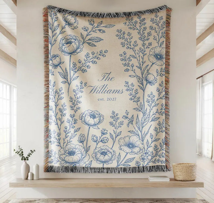 Personalized Woven Blanket, Cotton Anniversary Gift For Couple, Custom Wedding Family Name Blanket, Engagement Or Bridal Shower Gift