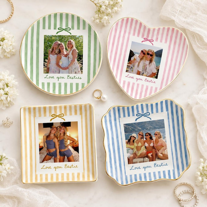 Personalized Bestie Photo Jewelry Dish, Ceramic Trinket Tray for Best Friend, Bestie Striped Ring Dish, Birthday Gifts For Bestie