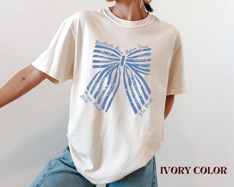 Custom Coquette Beachside Bows Before Vows Shirt, Custom Bachelorette Beach Tee, Personalized Bride Trip Shirt, Comfort Colors Coastal Bach.