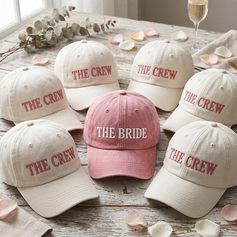 Personalized Bride Crew Embroidered Hat Set, Custom Bachelorette Caps, Bachelorette Outfit Hat, Wedding Party Favor, Bridal Shower Gift