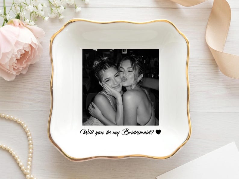 Personalized Bestie Photo Trinket Dish, Photo Jewelry Dish, Jewelry Ring Dish, Bridesmaid Proposal, Maid of Honor, Photo Trinket Dish