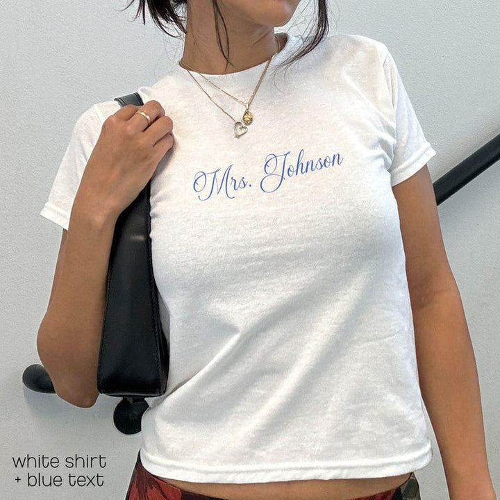 Custom Mrs Shirt | Personalized Bride Shirt Crop Top Future Mrs Shirt Custom Bachelorette Shirt Bachelorette Shirts, Bride Shirt Baby Tee