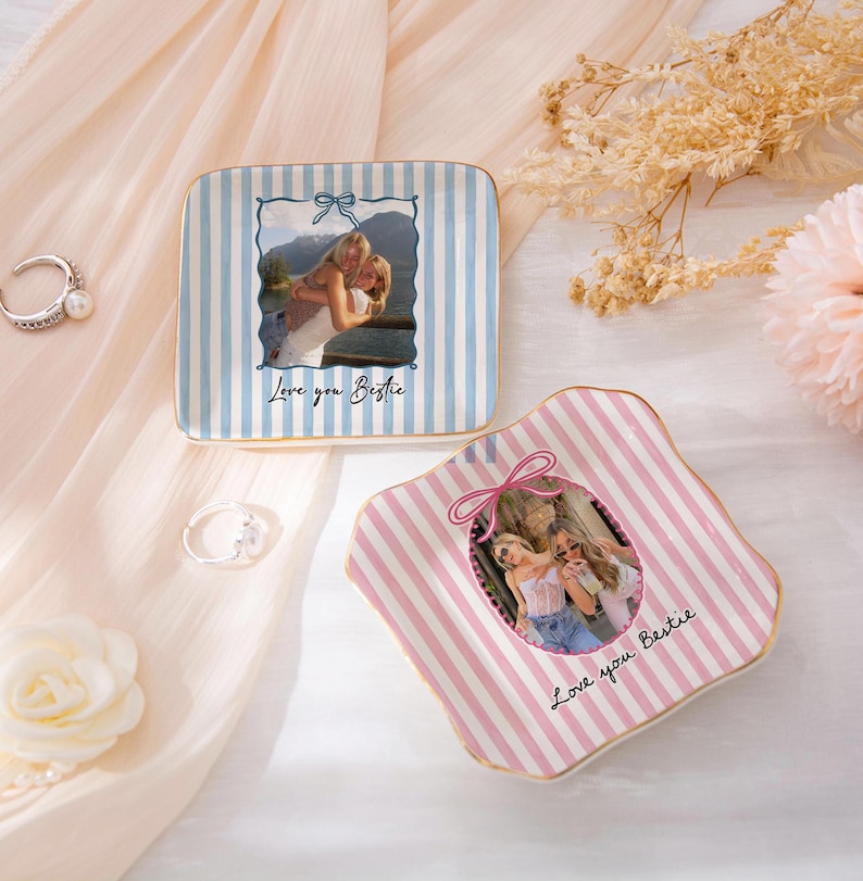 Personalized Bestie Photo Trinket Dish, Ceramic Trinket Tray for Best Friend, Bestie Striped Ring Dish, Birthday Gifts For Bestie