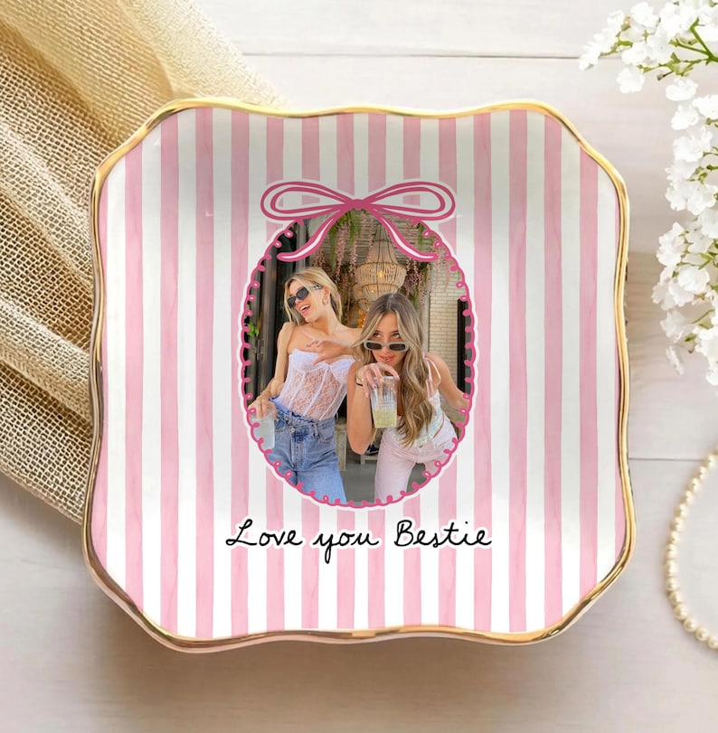 Personalized Bestie Photo Trinket Dish, Ceramic Trinket Tray for Best Friend, Bestie Striped Ring Dish, Birthday Gifts For Bestie