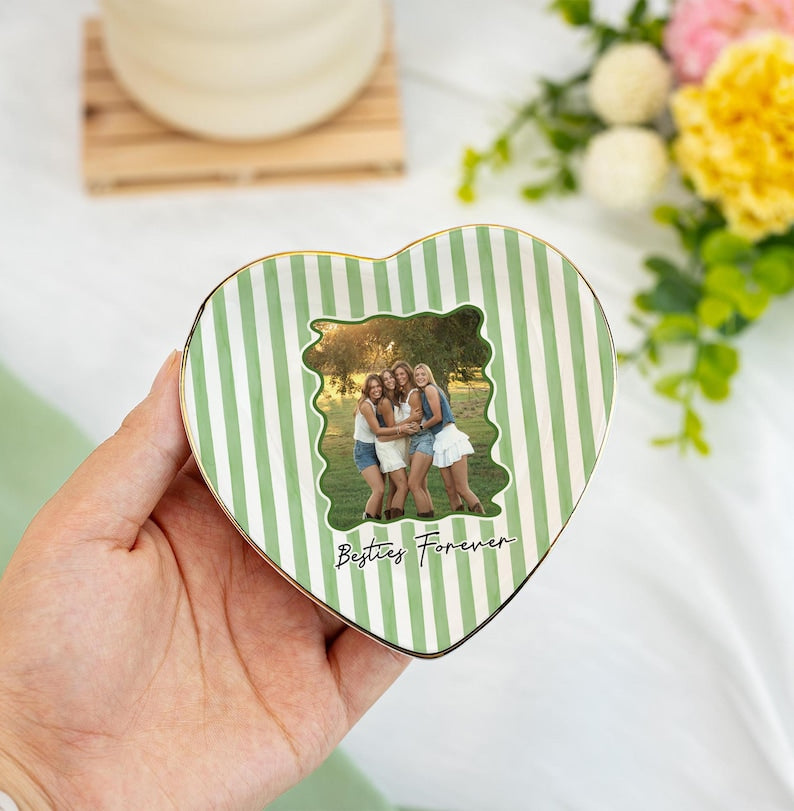 Personalized Bestie Photo Trinket Dish, Ceramic Trinket Tray for Best Friend, Bestie Striped Ring Dish, Birthday Gifts For Bestie