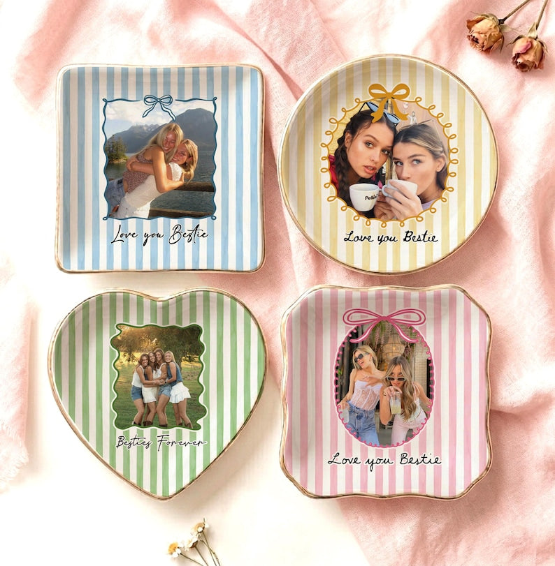 Personalized Bestie Photo Trinket Dish, Ceramic Trinket Tray for Best Friend, Bestie Striped Ring Dish, Birthday Gifts For Bestie
