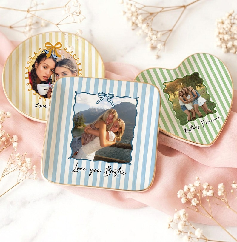 Personalized Bestie Photo Trinket Dish, Ceramic Trinket Tray for Best Friend, Bestie Striped Ring Dish, Birthday Gifts For Bestie