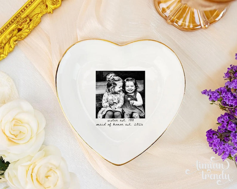 Personalized Besties Photo Ring Dish, Maid of Honor Trinket Tray, Sister Photo Jewelry Dish, Gift For Besties, Soul Sister Wedding Gift
