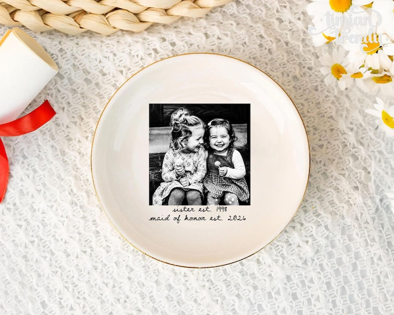 Personalized Besties Photo Ring Dish, Maid of Honor Trinket Tray, Sister Photo Jewelry Dish, Gift For Besties, Soul Sister Wedding Gift