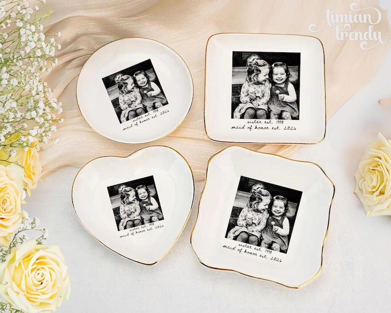 Personalized Besties Photo Ring Dish, Maid of Honor Trinket Tray, Sister Photo Jewelry Dish, Gift For Besties, Soul Sister Wedding Gift