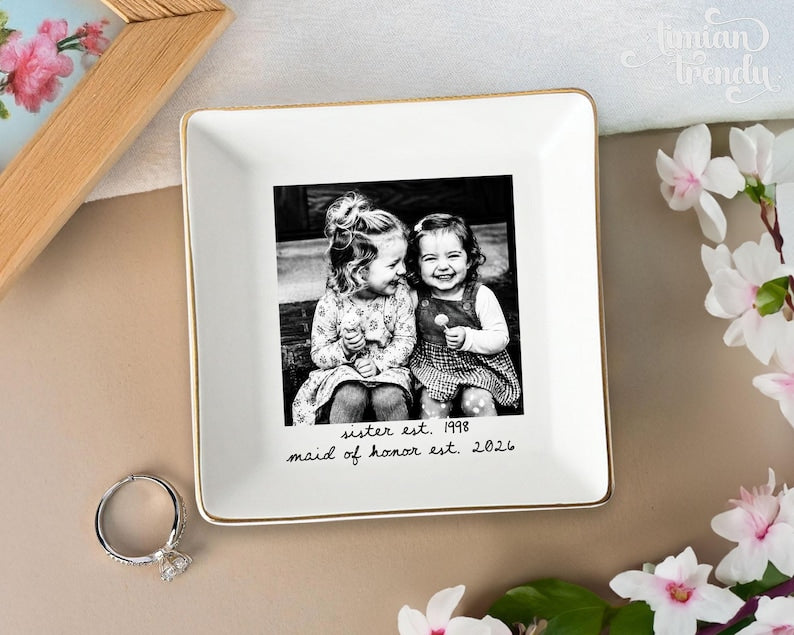 Personalized Besties Photo Ring Dish, Maid of Honor Trinket Tray, Sister Photo Jewelry Dish, Gift For Besties, Soul Sister Wedding Gift